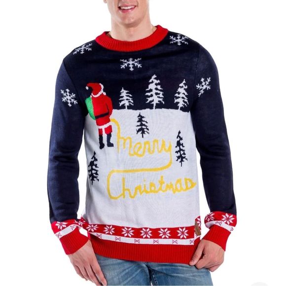 NWT Tipsy Elves Men’s Yellow Snow Ugly Christmas Sweater Santa Peeing XL - Picture 1 of 9
